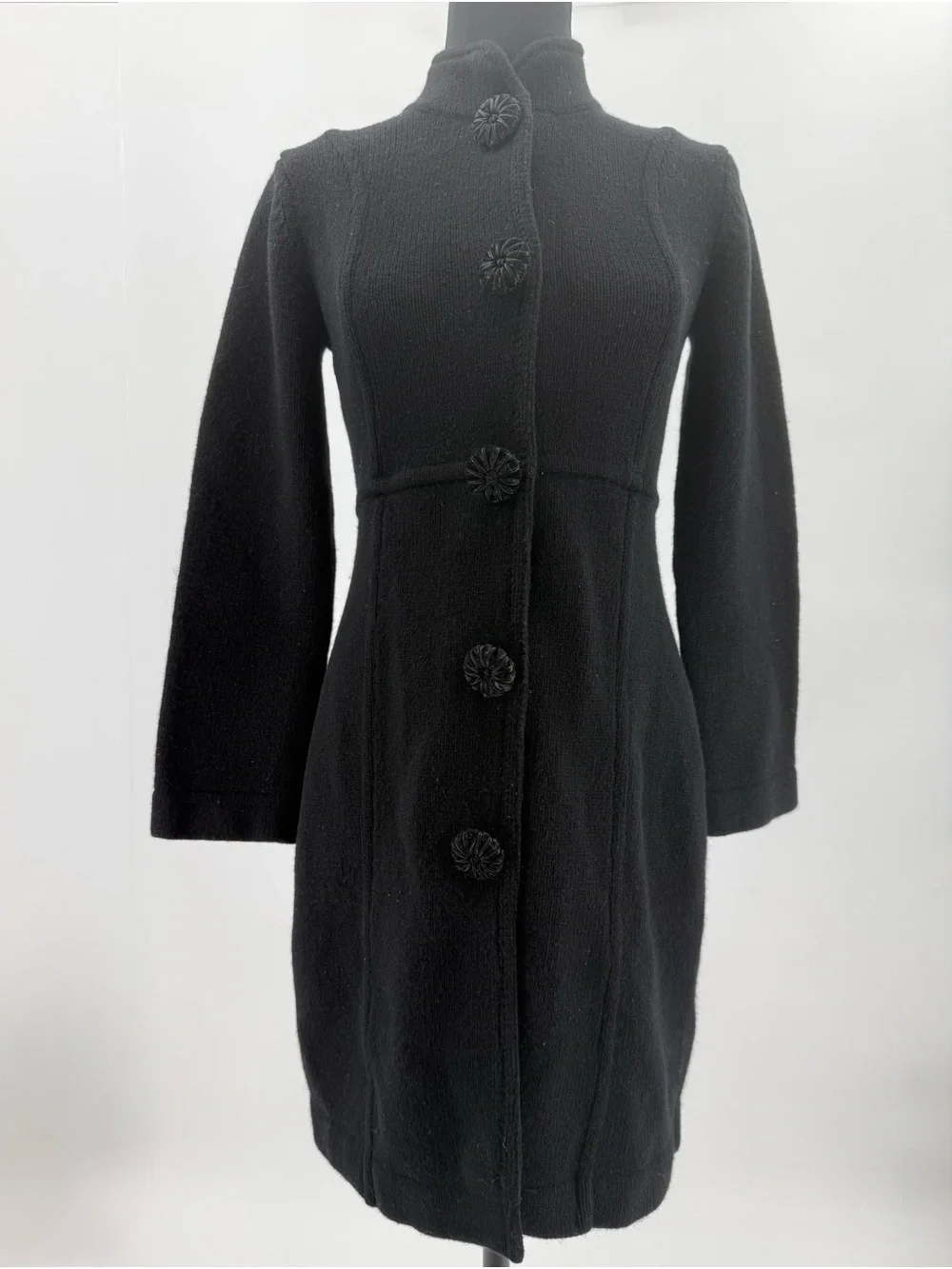 Kenar 100% Lambswool Black Sweater Coat S Rosette Buttons